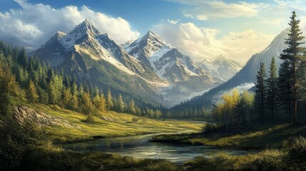 Aufkleber - Scenic landscape featuring majestic mountains, showcasing the beauty of nature in a picturesque setting, ideal for capturing the essence of a serene mountainous landscape.