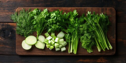 Poster - Fresh garden herbs arranged on a wooden cutting board set against a dark wooden background. Onions, dill, parsley, and celery are sliced for salad. A top view flat lay of fresh garden herbs.