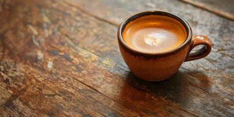 Poster - A small coffee cup filled with hot espresso rests on a rustic table, showcasing the rich details of espresso. This image highlights the small coffee cup and its inviting warmth.