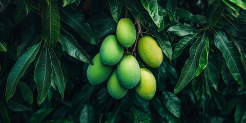 Poster - Bunch of green mangoes hanging on a tree in a lush garden, showcasing the vibrant look of green mangoes among the foliage, perfect for those who appreciate the beauty of green mangoes.