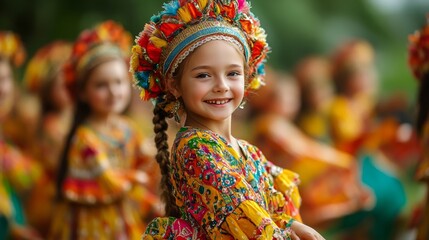 Joyful Children in Traditional Costumes Performing Dance at Cultural Festival