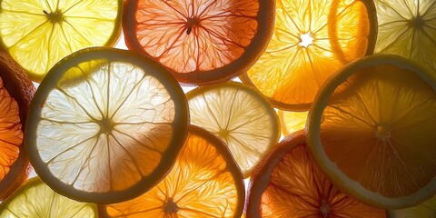 Poster - Backlit citrus slices create a vibrant display of colors, emphasizing the beauty of citrus slices and their refreshing appeal in photography. These citrus slices bring energy to any composition.