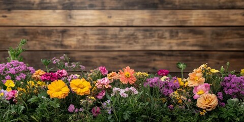 Aufkleber - Rustic wooden background adorned with vibrant flowers, creating a charming rustic scene. The empty wooden background complements the beauty of the flowers, enhancing their visual appeal.