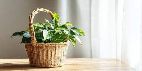 Poster - Stylish wicker basket featuring a vibrant green plant displayed on a wooden table indoors, enhancing the aesthetic appeal of the interior space with its stylish design and natural elements.