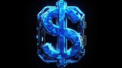 Poster - Futuristic 3D design of a blue dollar sign with holographic accents and a tech-inspired frame, perfect for financial technology themes.