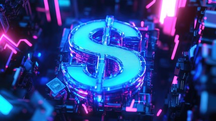 Poster - Futuristic 3D design of a blue dollar sign with holographic accents and a tech-inspired frame, perfect for financial technology themes.