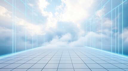 Poster - Futuristic cloud computing illustration with radiant blue lines and digital accents, placed on a minimalist white grid surface.