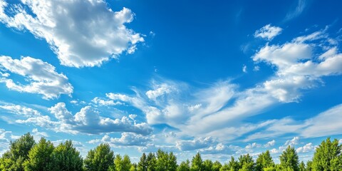 Poster - Vibrant summer blue sky with fluffy clouds creates a dreamy atmosphere, showcasing the beauty of a clear blue sky and the serenity that comes with a summer s day filled with blue sky.