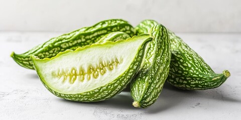 Poster - Fresh bitter melon is placed against a striking white background, showcasing its vibrant, healthy appearance as a nutritious vegetable that is high in vitamin A.