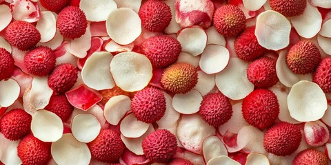 Poster - Fresh lychee peel creates a vibrant background, showcasing litchi chinensis skin as a delightful food pattern. This image captures the essence of delicious tropical fruit from above.