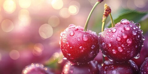 Aufkleber - Fresh cherry adorned with glistening dewdrops on its surface, showcasing the beauty of cherry and the refreshing presence of cool dew water in nature. Perfectly captures the essence of cherry.