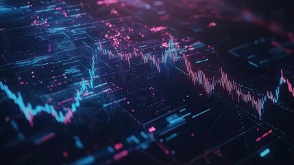 Poster - Glowing blue candlestick chart with data points and futuristic lines, on a dark background. Symbolizing financial markets and analytics.