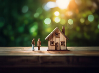 Wall Mural - A miniature wooden house sits on a table, two small figurines stand before it.  The background is blurred, suggesting a lush green environment and sunlight.  It evokes a feeling of home ownership and 