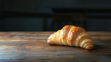 Poster - Deliciously baked croissant rests on a rustic wooden kitchen table. This tasty croissant is the perfect light bread choice for breakfast, set against a contrasting dark background.
