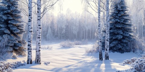 Poster - A winter scene featuring taiga trees, a ground blanketed in snow, and two distinct birch trees standing amidst the serene, chilly environment.