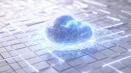 Poster - Holographic cloud computing icon surrounded by glowing blue tech lines on a white grid background, symbolizing data networks.