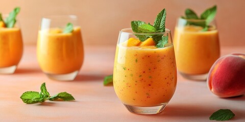 Aufkleber - Glasses filled with a peach smoothie infused with mint, featuring a contemporary stemless design, set against a bright, light colored background.