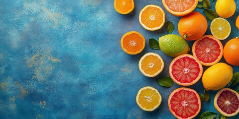 Poster - Vibrant fruit background featuring a variety of colorful fresh fruits on a table. The arrangement includes oranges, lemons, and grapefruits, ideal for a healthy concept. Flat lay with copy space.