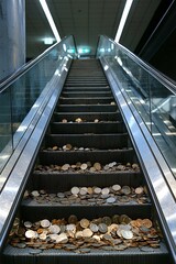 Poster - descending escalator with coins and interest rate symbols, illustrating economic downturn