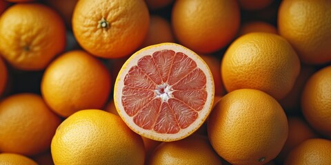Poster - Close up view of a grapefruit half alongside a collection of grapefruits, showcasing the vibrant color and juicy texture of grapefruit in an enticing arrangement.