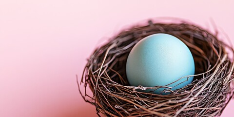 Poster - Blue egg nestled in a bird nest on a soft pink background banner, highlighting the delicate beauty of a blue egg in nature s design against a vibrant backdrop.