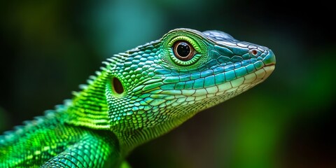 Aufkleber - Stunning closeup of a beautiful lizard showcasing vivid green colors and intricate textures, highlighting the remarkable features of this beautiful lizard in its natural habitat.