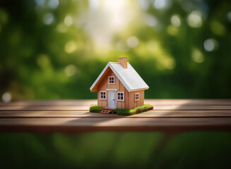 Wall Mural - A miniature wooden house sits on a wooden surface, bathed in sunlight against a blurred green background.  It evokes feelings of home, nature, and new beginnings.