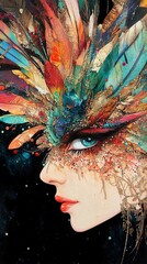 Wall Mural - Enchanted Masquerade: A Dazzling Feather Portrait