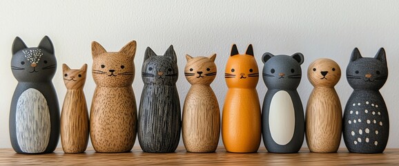 Row of cute wooden cat and animal figurines.