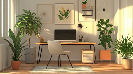 Poster - Minimalist home office featuring a clean desk, modern chair, green plants, and neutral tones for a calming and productive atmosphere.