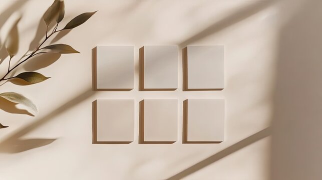 Minimalist Instagram layout featuring three rows of two blank squares on an ivory background, enhanced with soft Photoshop-style shadows.