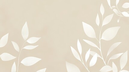 Poster - Modern banner featuring abstract white leaf patterns on a soft beige background with ample copy space, perfect for minimalistic decor or design.