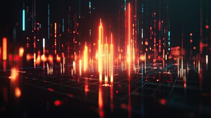 Poster - Neon candlestick graph with a futuristic glow, set against a dark background with data grid overlays. Perfect for financial visuals.