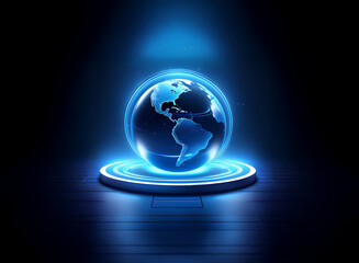 Poster - Glowing blue holographic earth globe levitates on a circular platform, set against a dark background.  A futuristic, technological display.