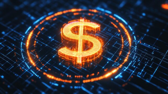 Neon-style dollar symbol glowing amidst a circular futuristic interface on a clean white grid background. Ideal for digital economy visuals.