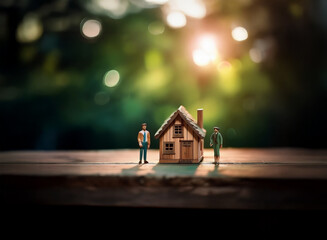 Wall Mural - A miniature wooden house sits on a rustic wooden surface, bathed in warm sunlight. Two tiny figurines stand nearby, contemplating their future home amidst a bokeh background suggesting a peaceful, nat