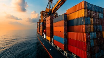 Poster - Hardworking offshore crane operators efficiently loading and unloading massive containers from a towering cargo ship keeping global trade flowing