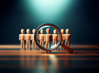 A magnifying glass focuses on a single wooden figure within a row of similar figures, highlighting the concept of selection, assessment, or individual scrutiny within a group.