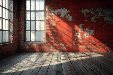 Poster - A 3D rendering of an empty, dilapidated room featuring a red brick wall and wooden floor creates a grungy atmosphere