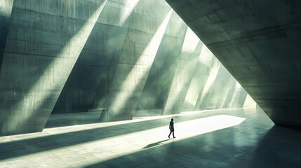 Poster - Solitary Person Walking Through a Dimly Lit Space with Dramatic Light Rays