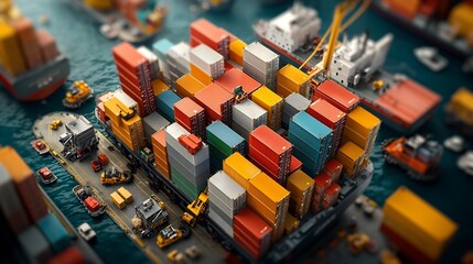 Poster - Bustling offshore shipping terminal with towering cargo vessels laden with colorful shipping containers cranes and forklifts efficiently loading and unloading goods