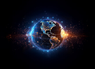 Poster - A glowing digital Earth, illuminated with vibrant blue and orange energy streams, showcases global interconnectedness.  Network lines pulse across continents, highlighting a futuristic, technological 