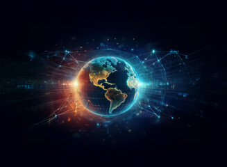 Poster - A digital rendering of Earth, glowing with vibrant blue and orange energy, showcasing global connectivity and data flow.  Intricate network lines radiate outwards, symbolizing a vast interconnected wo