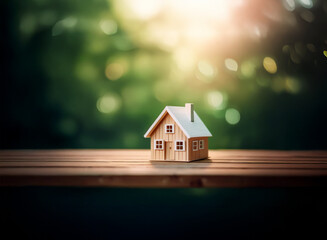 Wall Mural - A miniature wooden house sits on a weathered wooden surface, bathed in sunlight against a blurred green background, suggesting tranquility and new beginnings.