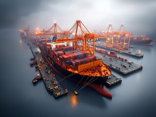 Poster - Vast offshore shipping hub with enormous container ships docked at towering gantry cranes teams of workers diligently loading and unloading cargo