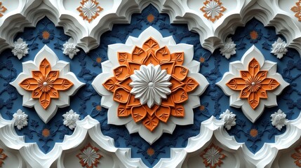 Wall Mural - Intricate 3D Floral Design:  A Stunning Display of  Orange and White Petals on a Blue Background