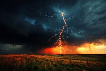 Fototapete - Dramatic Lightning Storm with Jagged Bolts of Electrical Energy Dancing Across a Brooding Thunderous Sky Captured in a Striking Chiaroscuro Style that Heightens the Sense of Tension and Drama