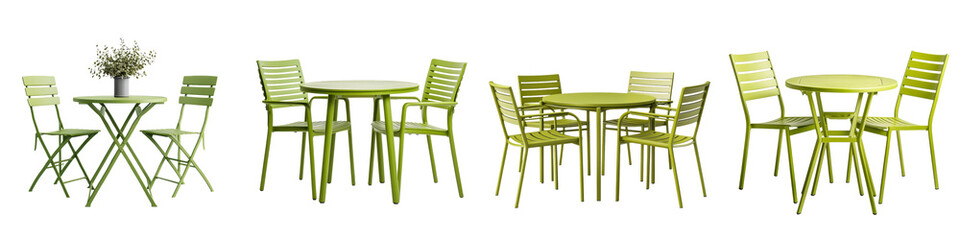 Cozy outdoor dining furniture set with green metal and wood chairs and table perfect for relaxation and alfresco dining on a patio terrace or backyard  Inviting and contemporary design in a natural