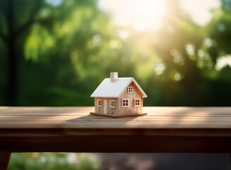 Wall Mural - A charming miniature wooden house sits on a sunlit wooden table,  a picturesque green backdrop hinting at nature and tranquility.