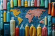 © natalia - Colorful cleaning products arranged around a world map, symbolizing global consumption and environmental impact.